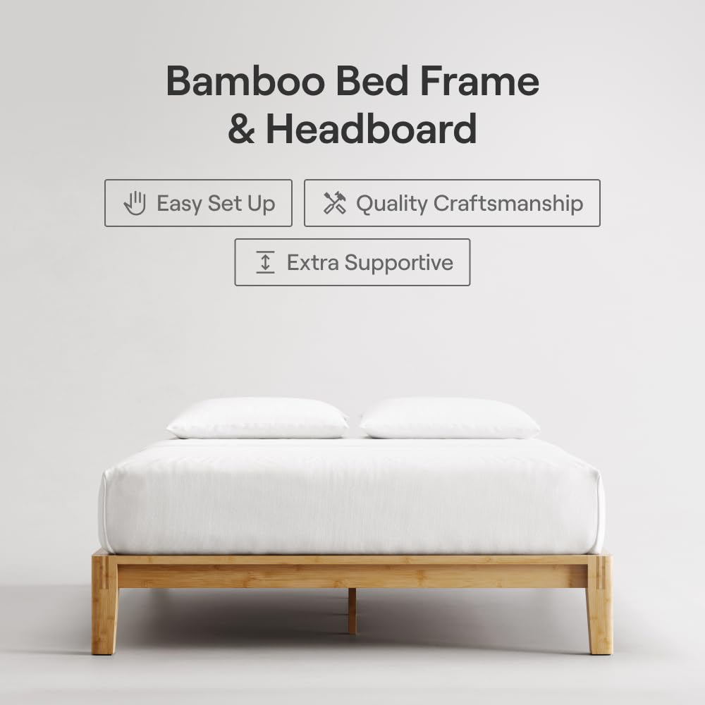 Nectar Bamboo Platform Bed Frame - Full - Natural - Floating Center Support Legs - 12” Height - Easy Tool Free Set Up - Contemporary and Durable - Sturdy Wooden Support Slats - Holds Up to 800 Pounds