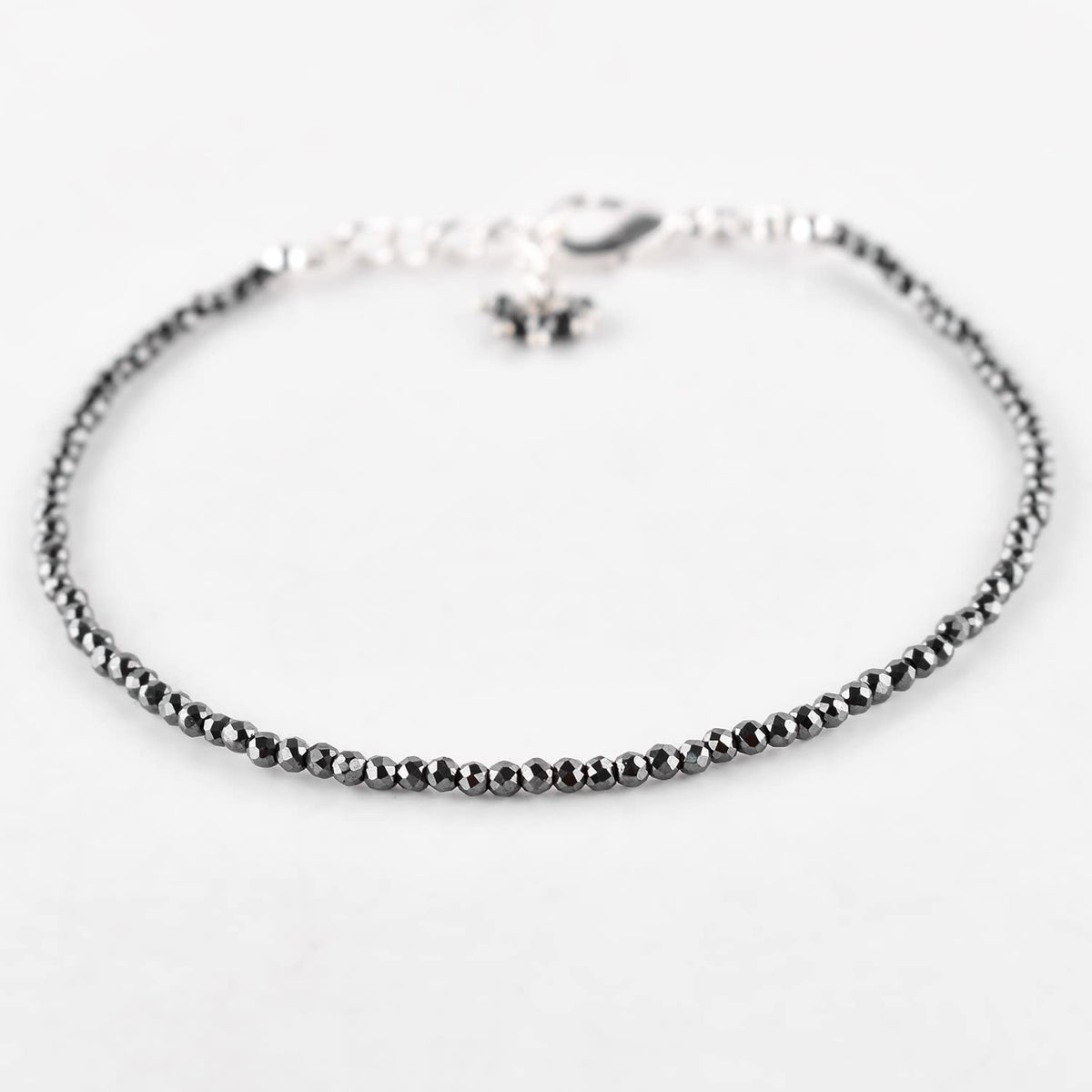QNAVIC Hematite Gemstone Micro Round Beads Danity Choker Bangle Bracelets for Women, Handmade Jewelry Healing Chakra Crystals, Silver Plated 8 inch Number Beads for Bracelets Gift for Her.