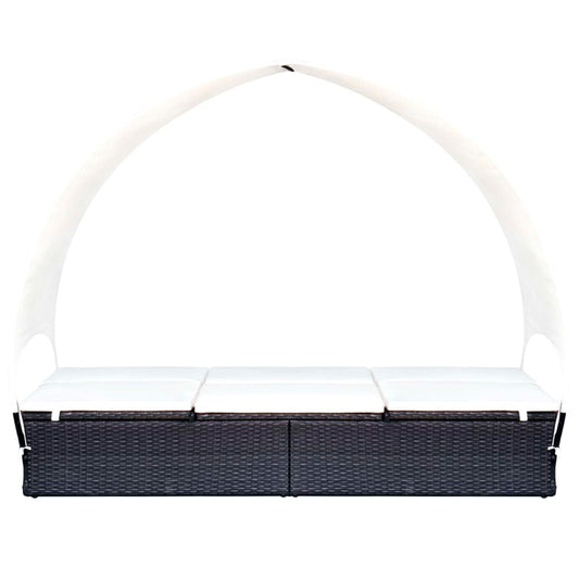 VGLQNRPT Double Sun Lounger with Adjustable Canopy, 2-Person Outdoor Patio Rattan Daybed with Cream Cushions, Weather-Resistant Garden Lounge Chair, Black