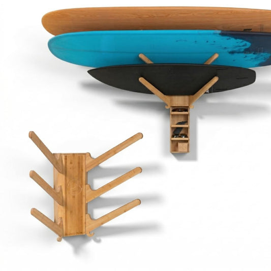 LISS The Sun Rack - Premium Wood Surfboard Wall Mount Rack Display, Ski, Snowboard Holder for 3 Boards for Garage & Home Storage with Built-In Drawer & Hooks for Longboards Shortboards, Wakeboards