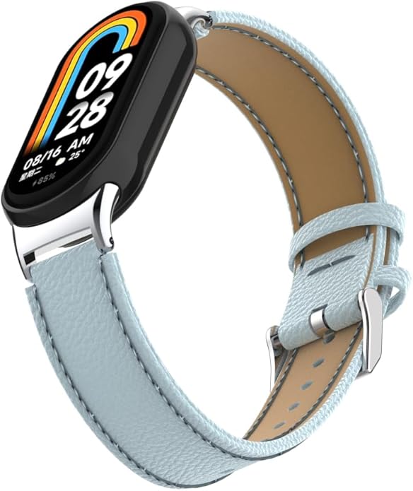HOPMC Mi Band 8 Fashion Metal Connector Lychee Grain Leather Strap Replacement Wristbands Strap Compatible for Xiaomi Mi Smart Band 8 /8NFC /9/10（Not included Tracker ）