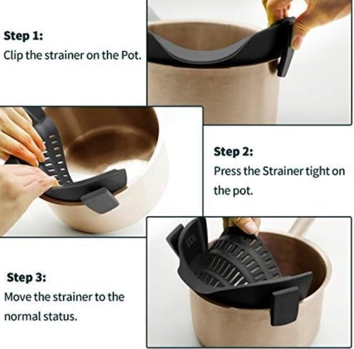 Clip On Strainer Silicone for All Pots and Pans, Pasta Strainer Clip on Food Strainer for Meat Vegetables Fruit Silicone Kitchen Colander (Black)