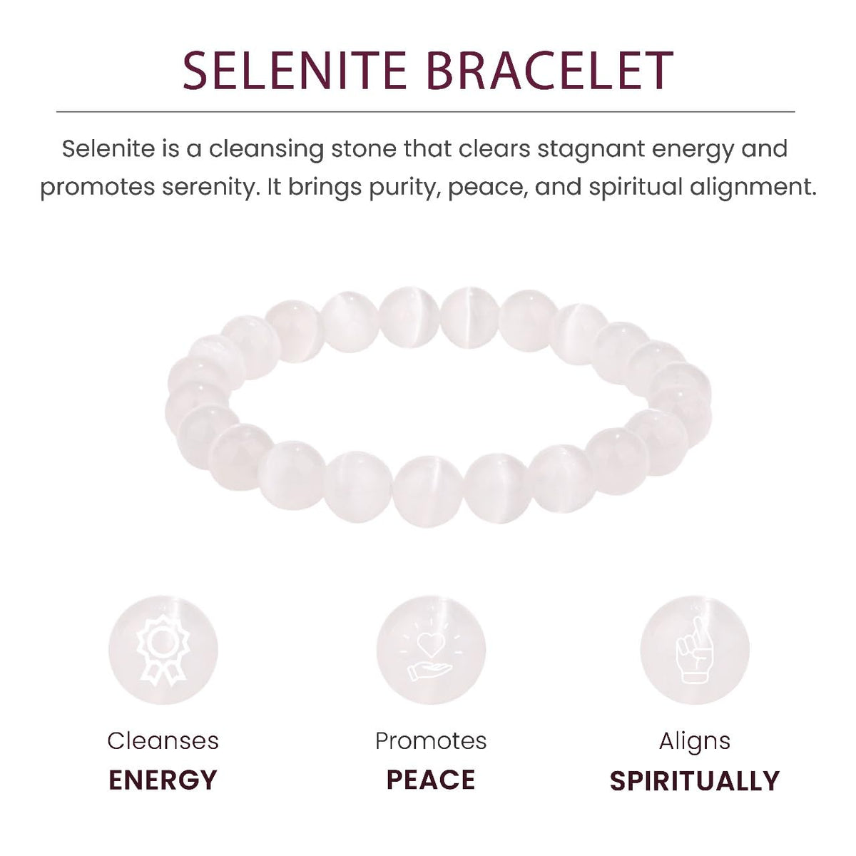 Crystal Vibe Purification Bracelet – Selenite Bracelet for Cleansing Peace – Natural 8mm Healing Gemstone Beaded Bracelet