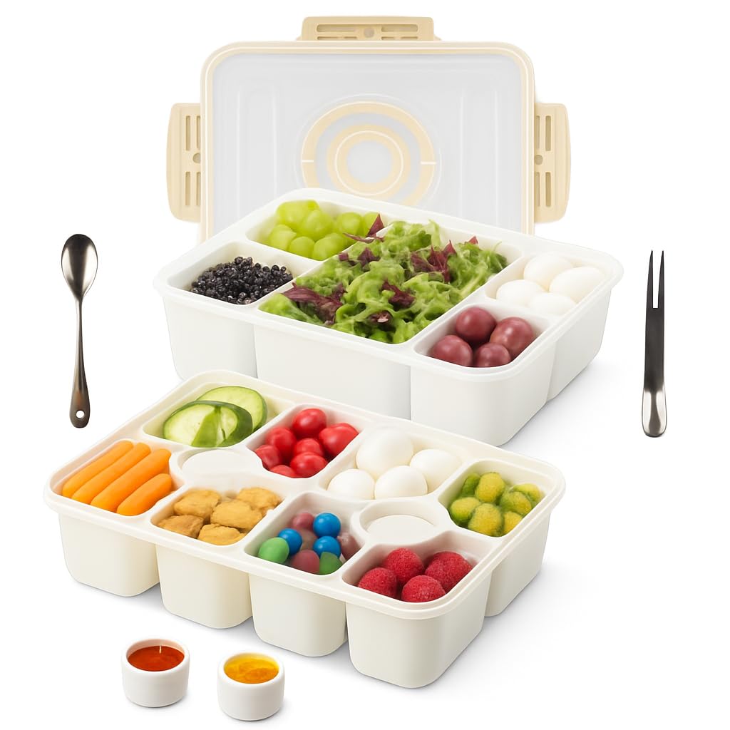 Snackle Box Container with Multi Compartments & Rotary Date Dial - Divided Serving Tray with Lid & Handle -Snack Organizer for Travel, veggies, Nut, fruit, Picnic & party - Dishwasher &Microwave safe