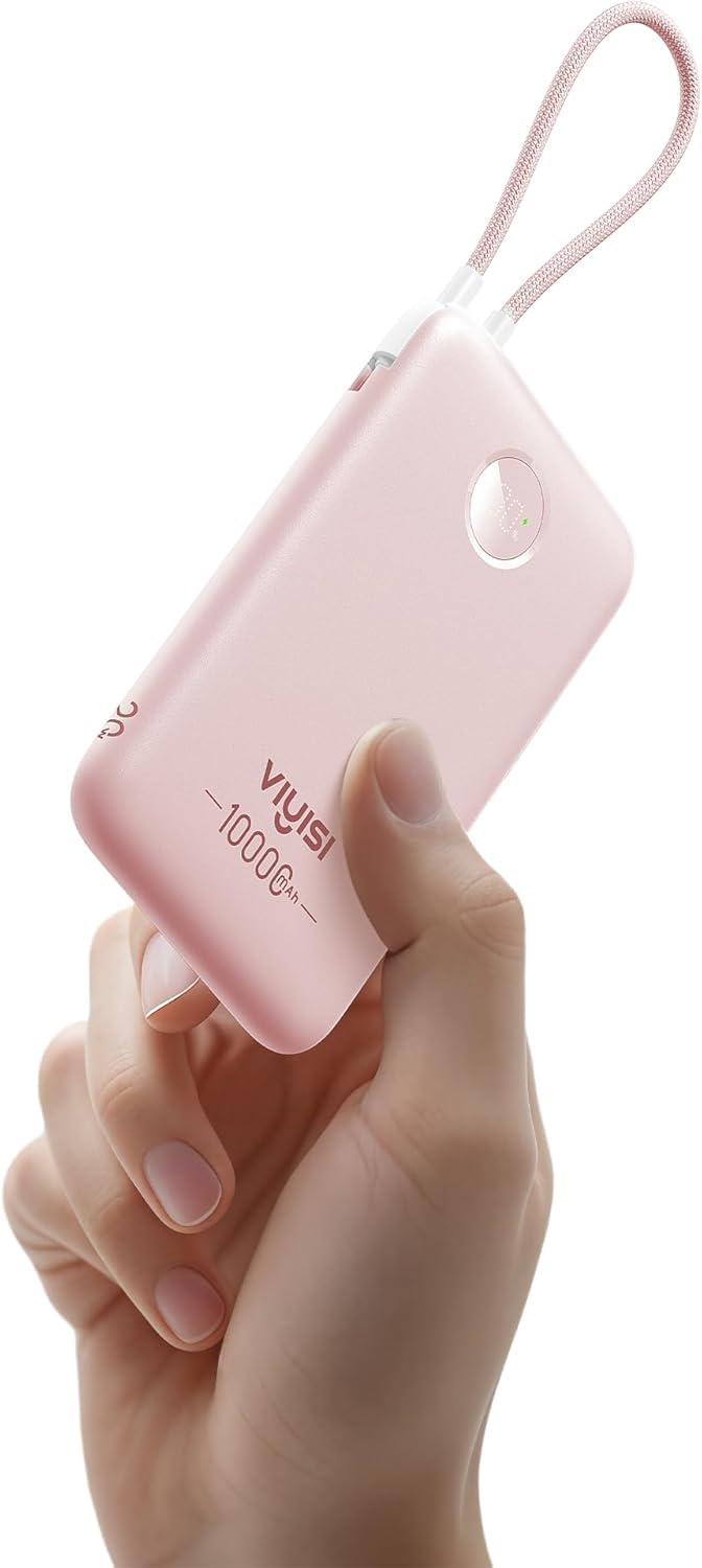 VIYISI Slim Portable Charger Power Bank 10000mAh, PD 20W Fast Charging Compact Battery Pack with Built-in USB C Cable, Travel Essential Compatible with iPhone 17 16 15, Samsung, Android - Pink