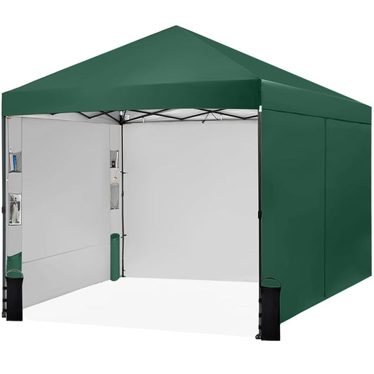 Tunbne 10X10 Comercial Pop Up Canopy Tent with 4 Sidewalls and 6 Pockets, One Push Setup Center Lock, for Beach Patio Outdoor, Case, 8 Stakes, 4 Ropes, 4 Sandbags (Forest Green)