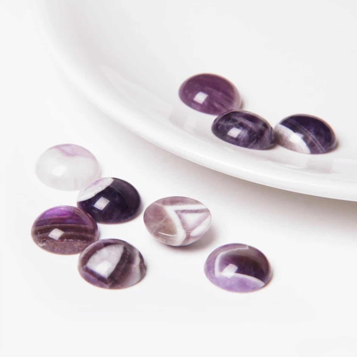 2TTFishoo 20pcs 8mm Natural Stone No Hole Amethyst Semicircle Smooth Cabochons Beads Healing Chakra Crystal Stone Bead for Jewelry Making Rings Earrings Necklace Bracelet DIY Crafts