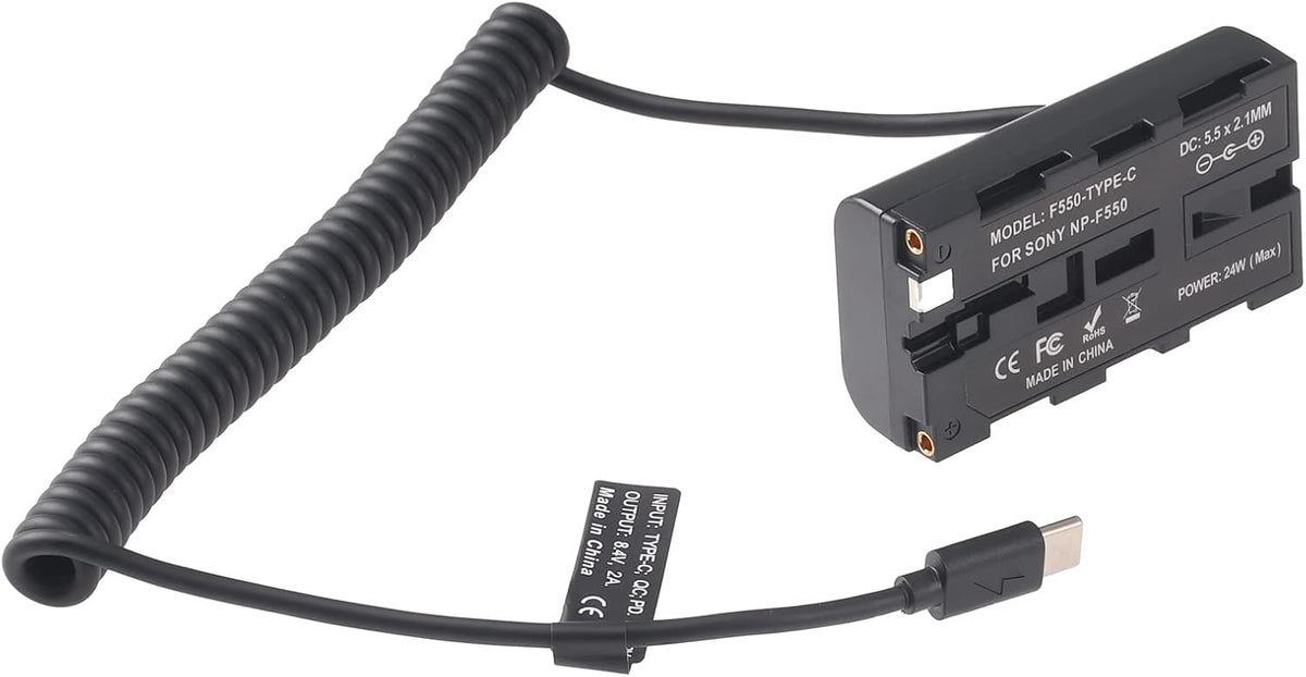 FocusFoto NP-F550 Dummy NP-F970 NP-F570 NP-F750 NP-F770 F960 F530 F330 USB-C to Battery Adapter Cable for Sony to Power