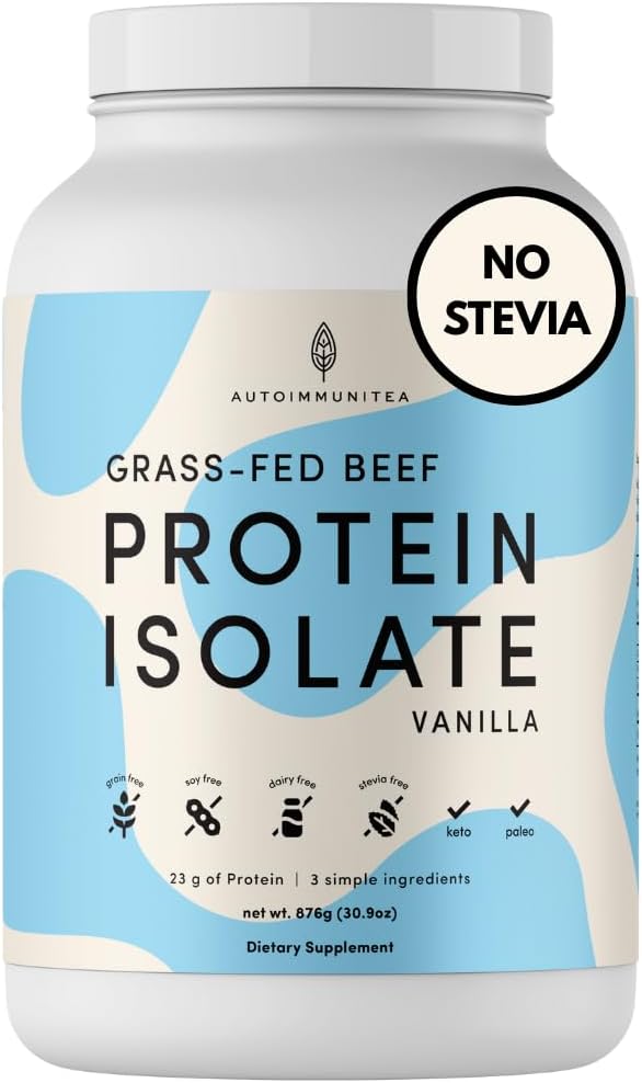 Grass Fed Beef Protein Powder Isolate - AutoimmuniTea, 23g of Paleo Carnivore Protein, Keto Friendly, Grain Free, No Dairy or Soy, No Whey, Stevia Free, Vanilla Flavor - 2lbs of Prime Muscle Building