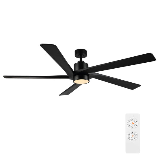 WINGBO 64" DC Ceiling Fan with Lights, 5 Carved Solid Wood Blades, 6-Speed Reversible DC Motor, Matte Black Finish Ceiling Fan with Remote, Black