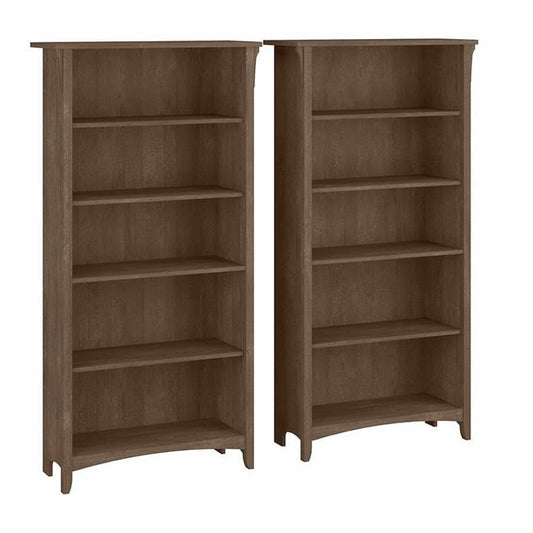 Bush Home Salinas Tall 5 Shelf Bookcase - Set of 2 in Ash Brown, Vertical Office Storage, Bookshelves for Home Workspace, Multi-Purpose Shelving Units