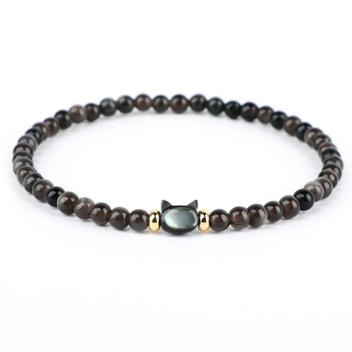 AD Beads 4mm Cat Head Silver Obsidian Bracelet – Attract Money, Abundance & Business Luck, Beaded Spiritual Energy Bracelet for Women and Men