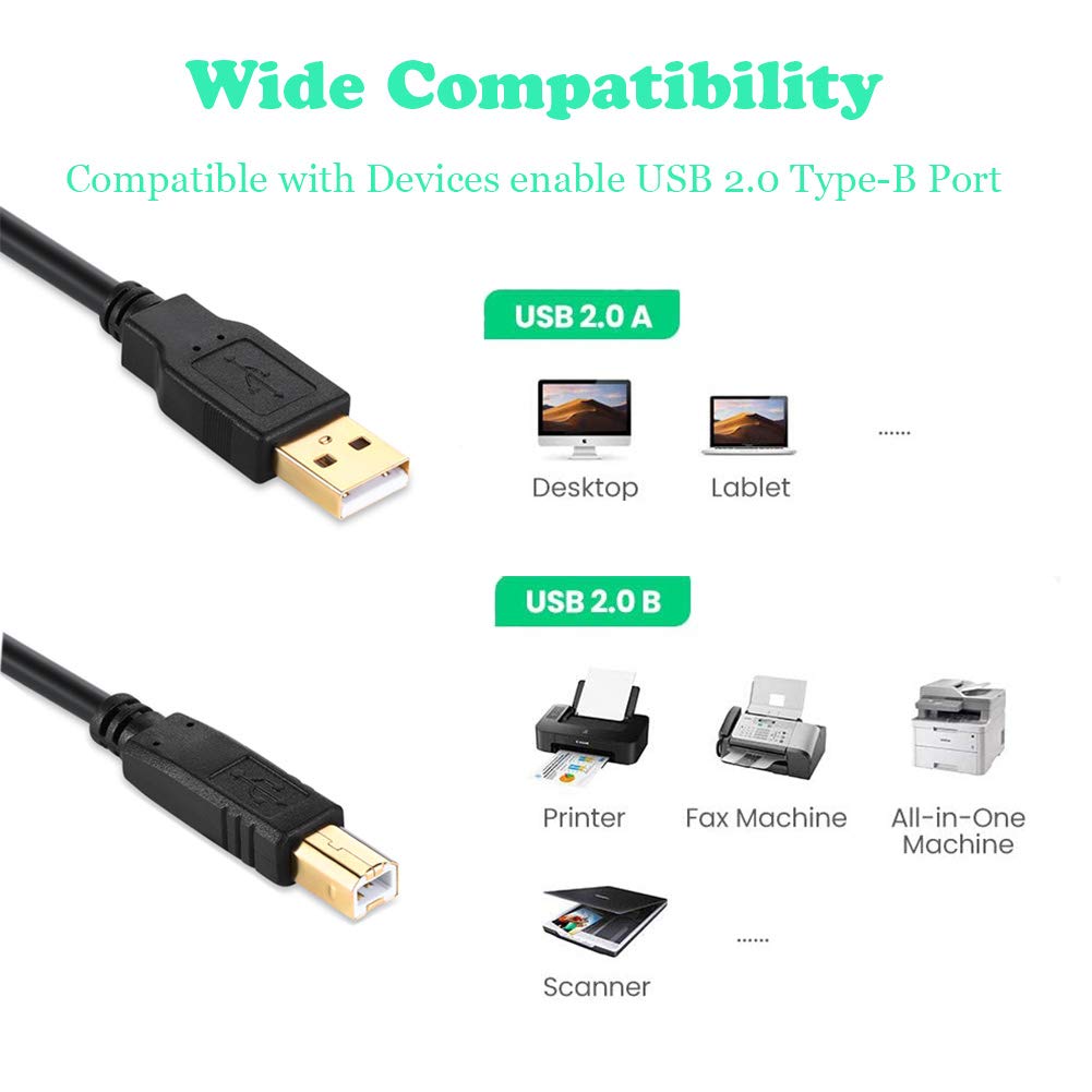 XBOHJOE 2.0 10 USB2.0 (10ft, USB Printer Cable FT Type A Male to B Male Scanner USB a b for HP, Canon, Lexmark, Epson