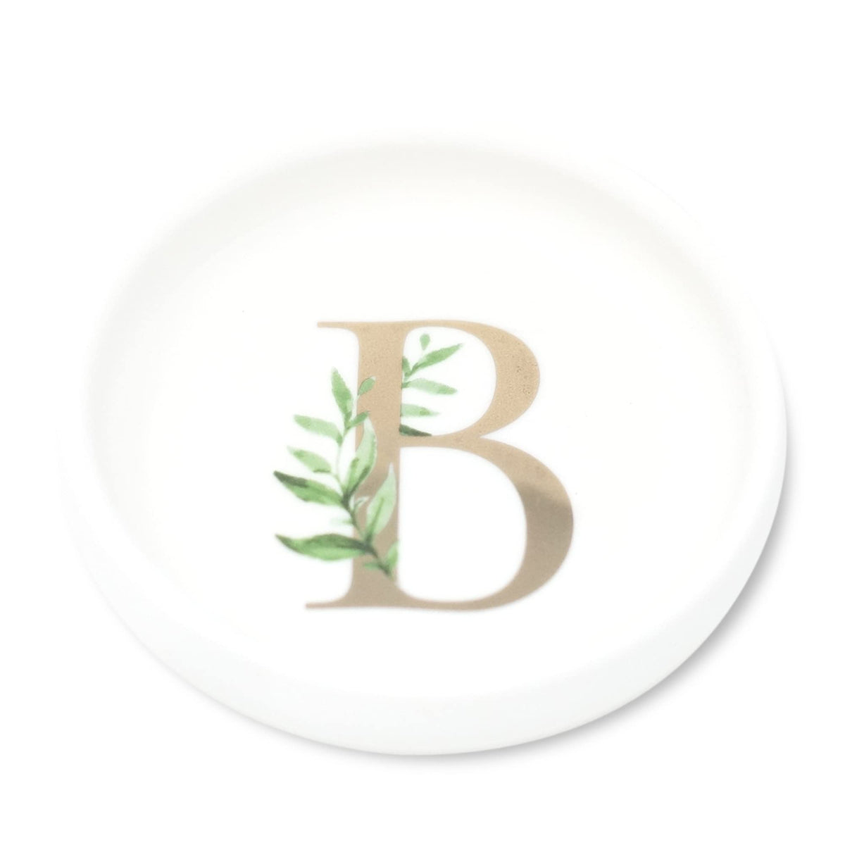 Trinket Tray Ring Dish with Personalized B in Gold Foil and Greenery - White Ring Dish - Monogrammed Trinket Dish or Jewelry Bowl - Cedar & Ink (B)