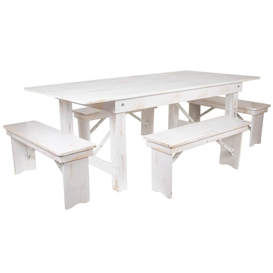 Flash Furniture HERCULES Series 7' x 40" Antique Rustic White Folding Farm Table and Four Bench Set