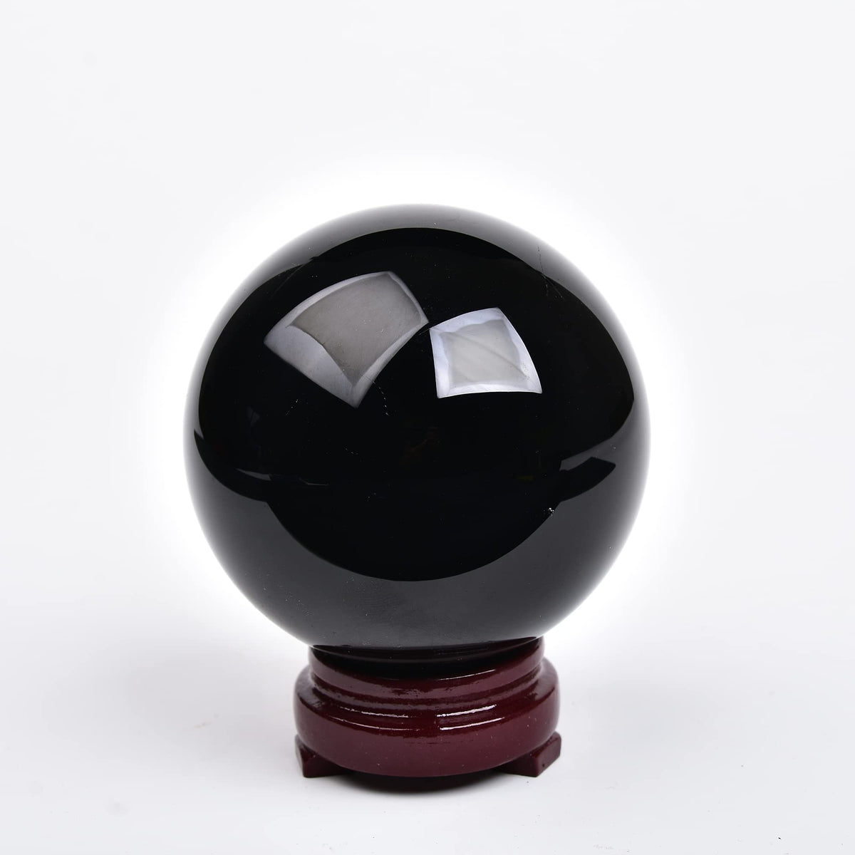 JIC Gem Small Black Crystal Ball - Obsidian Sphere with Wooden Stand for Feng Shui Healing, Meditation (70-80mm)