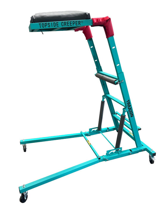 Traxion New Quality Economy Topside Creeper 3-109 Aqua with expanded Metal Steps and Velcro Stomach Pads with Tool Loops