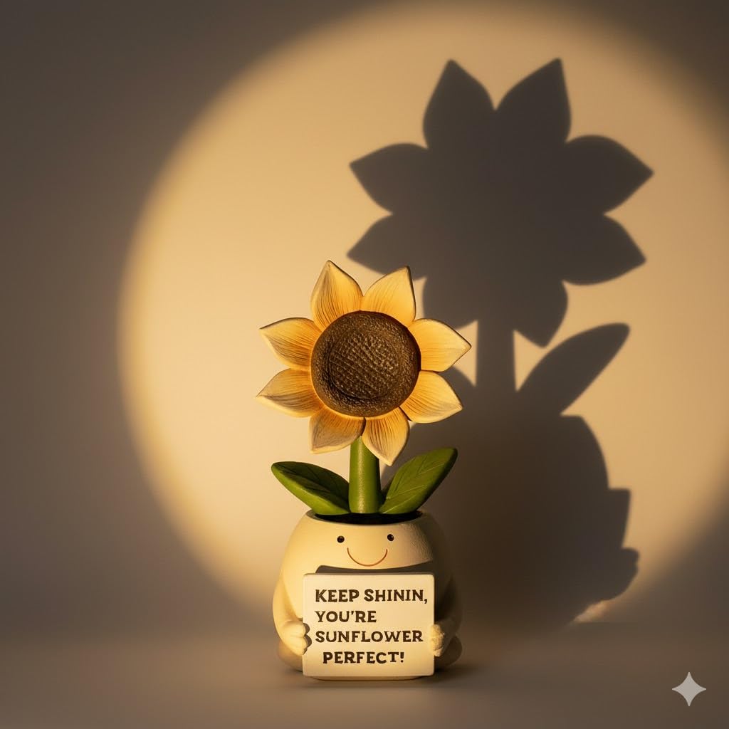 Inspirational Sunflower Gifts for Women Men, Keep Shining Resin Desk Decor, Cute Mini Plant Pot Figurine - Unique Thinking of You Encouragement Present for Coworker Friend Get Well Soon (Sunflower)