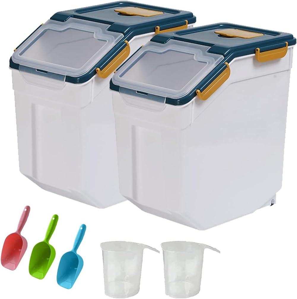 YXQ 25LB Large Flour Storage Container Bin ,2 Pack Airtight Plastic with Wheels Seal Locking Lid Dispenser Organizer Storage Bin with Measuring Cup & Scoop for Flour, Rice, Grain 50LBS Total