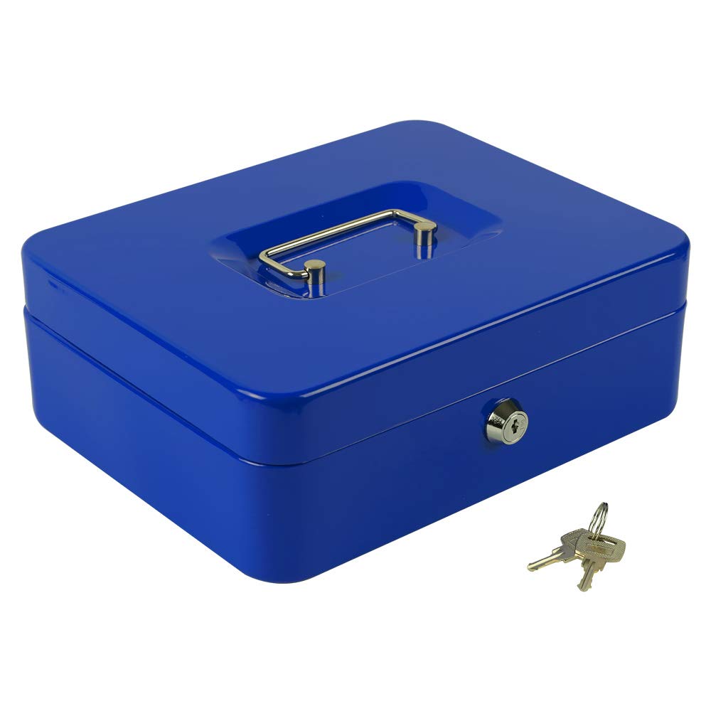 KYODOLED Large Lock Box with Money Tray,Storage Cash Box with Lock,Safe Metal Box for Money,9.84"x 7.87"x 3.54" Blue Large