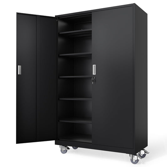 VINGLI Large Metal Storage Cabinet with 2 Doors and 5 Adjustable Shelves, Upgraded Height & Wide & Deep, 43''W x 20''D x 72''H, Oversized Garage Storage Cabinet with Wheels and Locks (Black)