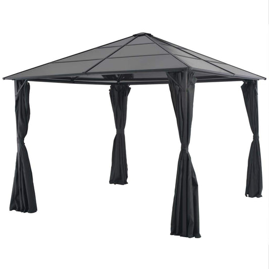 hliofuir 9.8'x9.8' Outdoor Gazebo with Curtains Black Aluminum Hardtop Pavilion with PC Board Roof for Patio Backyard Garden BBQ and Family Gatherings Sturdy Metal Frame