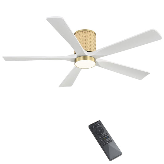 WINGBO 54 inch Flush Mount Ceiling Fan, Modern Ceiling Fan with Lights,3CCT&Dimmable LED,5 Wood Blades, Quiet 6-Speed DC Motor Low Profile Ceiling Fan with Remote, ETL Listed, Gold+White