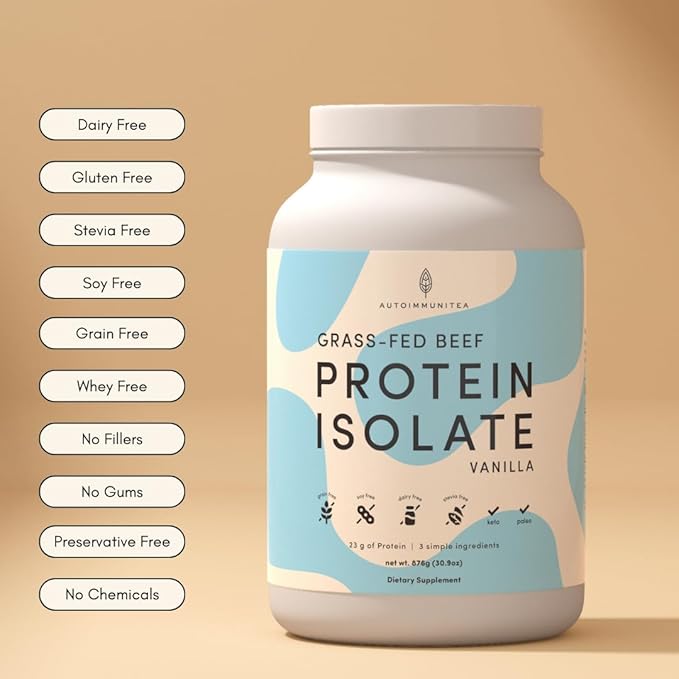 Grass Fed Beef Protein Powder Isolate - AutoimmuniTea, 23g of Paleo Carnivore Protein, Keto Friendly, Grain Free, No Dairy or Soy, No Whey, Stevia Free, Vanilla Flavor - 2lbs of Prime Muscle Building
