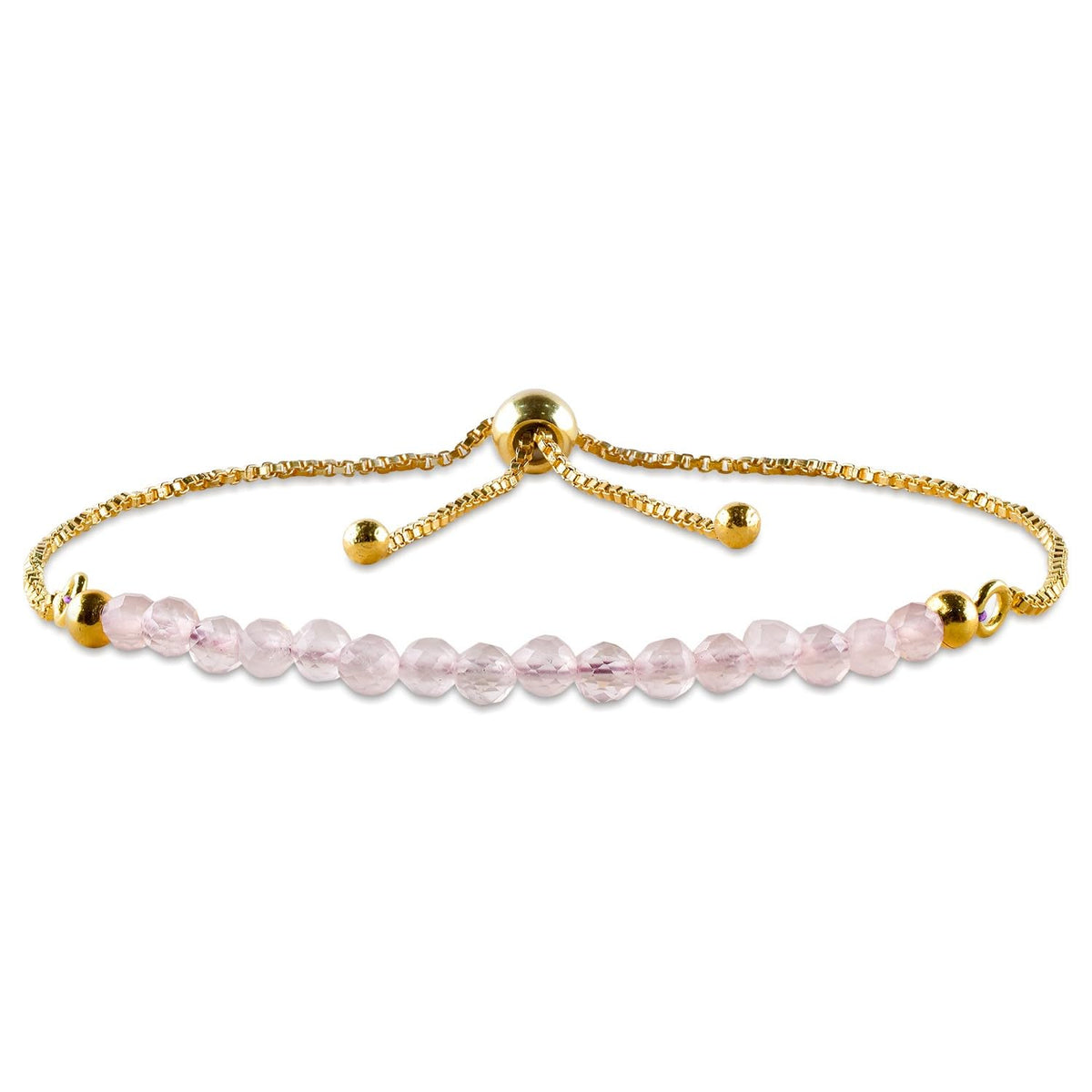 QNAVIC Natural Rose Quartz Gemstone Micro Beaded Dainty Slider Bolo Bracelet, Handmade Jewelry for women, Healing Chakra Crystals Birthstone Gift for Her, 14K Gold Plated Chain 6-9 inch