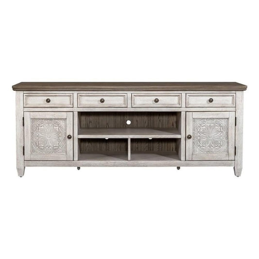 Liberty Furniture Heartland 76 Inch Tile TV Console for Living Room - Antique White with Tobacco Tops