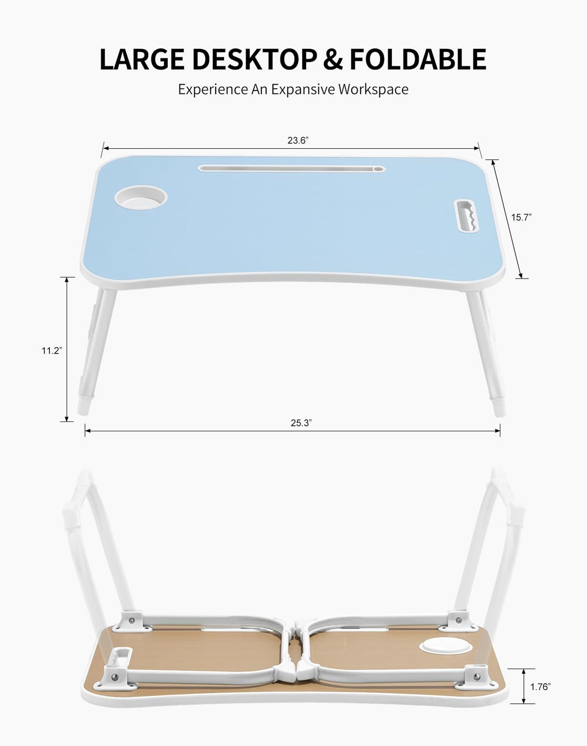 ZEAPTAC Laptop Bed Desk, Foldable Lap Desk, Portable Lap Table, Laptop Stand with Cup Holder & Tablet Slot & Lifting Handle for Working Writing Drawing & Eating - Blue
