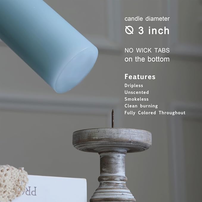 MOZEAL 3" x 8" Hand-Poured Unscented Large Candle, Smokeless Rustic Pillar Candle Set of 2, Slow Burn, No Drip, Approx 150 Hours Burning, Baby Shower and Home Decorative, Tall Baby Blue Candle