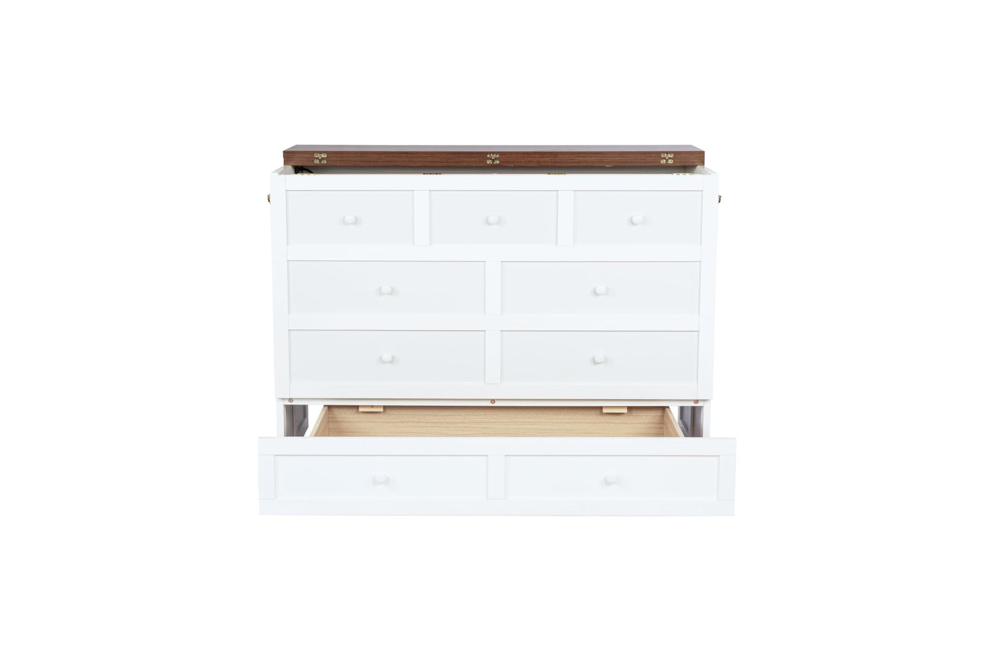 Bellemave Full Murphy Bed with Storage Drawer and Charging Station, Cabinet Bed, Farmhouse Murphy Cabinet with Foldable Panel, Noisy Free, for Guest Bedroom, Living Room, White+Walnut Panel