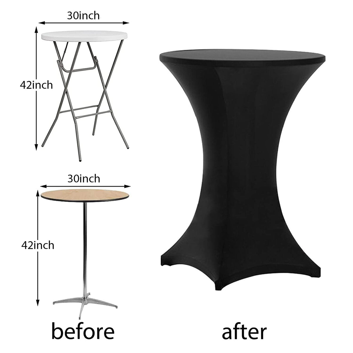 Tina's 6 Pack 30x42 Inch Highboy Spandex Cocktail Table Covers Black, Fitted Stretch Cocktail Tablecloth for Round Tables (6PC 30X42 Black)