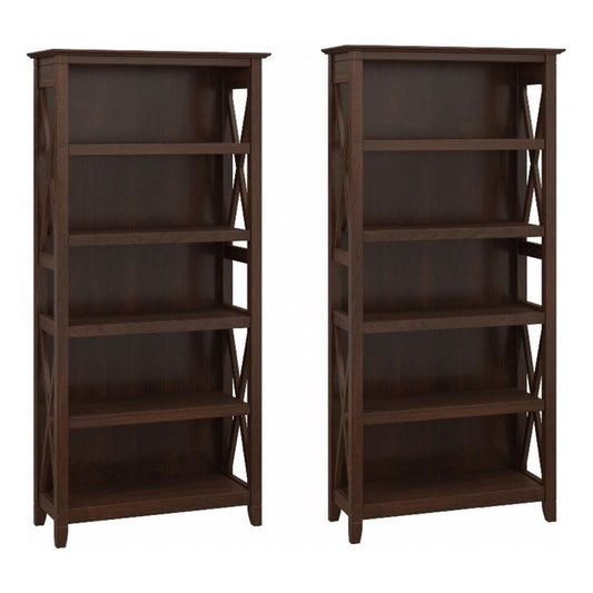 Bush Home Key West 5 Shelf Bookcase - Set of 2 | Tall Bookshelves in Bing Cherry | Sturdy Display Shelves for Library, Living Room, and Home Office