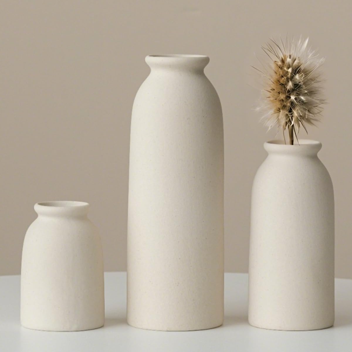 Ceramic Vase Set-3, Small Flower Vases for Decor, Modern Boho Farmhouse Style, Decorative Vases for Pampas Grass & Dried Flowers, Distressed Finish (Beige)