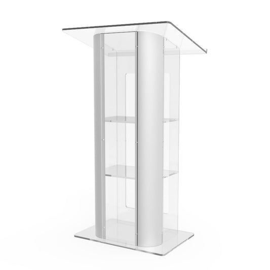 FixtureDisplays® Brushed Stainless Steel Sides Pulpit Clear Acrylic Plexiglass Podium Curved Lectern 14307NEW