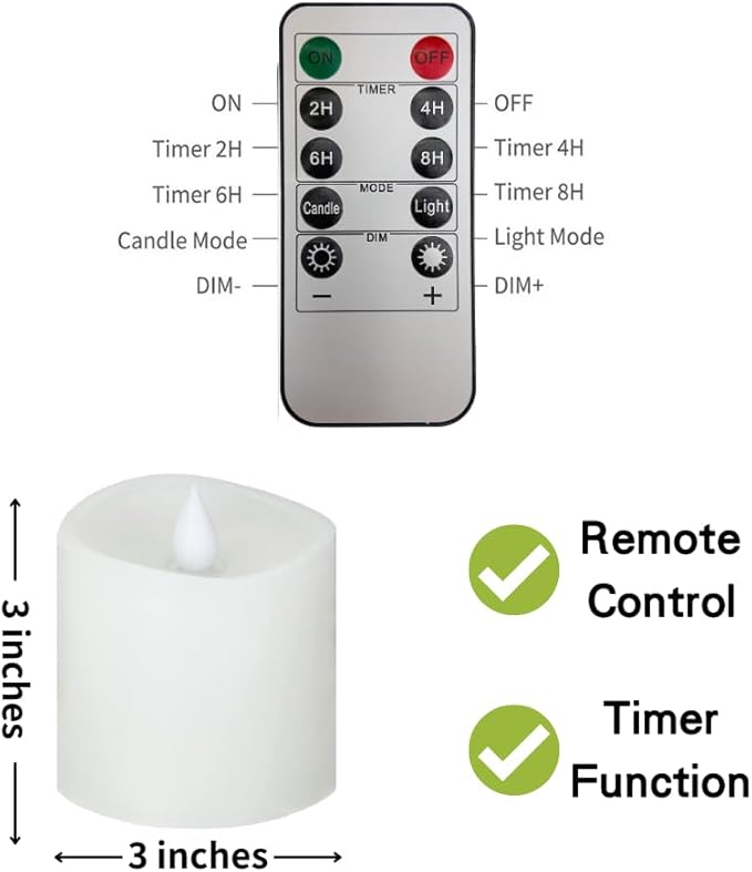 3x3 Flickering Flameless Candles Set of 1,3 inch Real Wax LED 600 Hours Battery Candles with Timer Remote,Control for Day Wedding Party Holiday Indoor,White