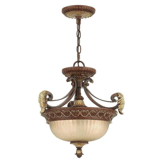 Livex Lighting 8577-63 Villa Verona 2 Light Verona Bronze Finish Flush Mount/Hanging Lantern with Aged Gold Leaf Accents and Rustic Art Glass