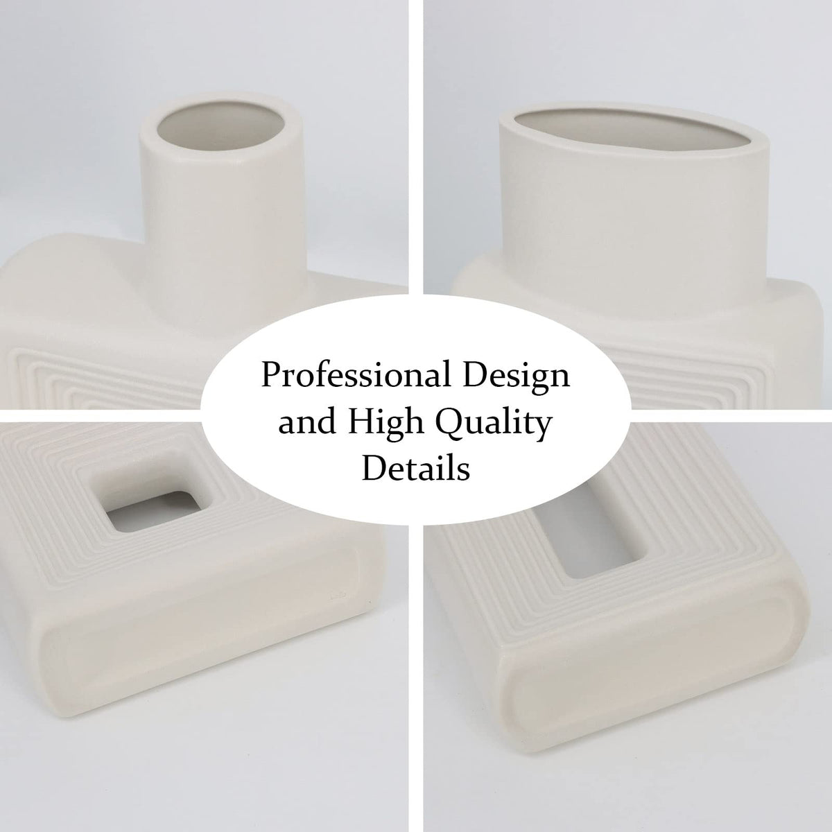 White Ceramic Vase Set of 2，Square Vase Rustic Home Decor Minimalist Nordic Boho Style for Living Room, Shelf, Table, Bookshelf, Mantel and Entryway Decor Vases