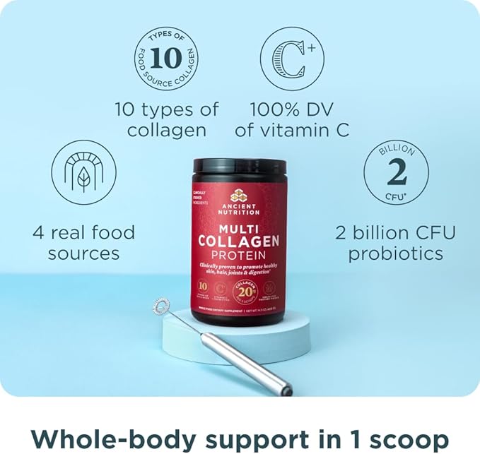 Ancient Nutrition Collagen Peptides Powder, Multi Collagen Protein, Women & Men, Vitamin C, Probiotics, Hydrolyzed Collagen, Supports Skin, Joints, Gut Health, Unflavored, 100 Servings