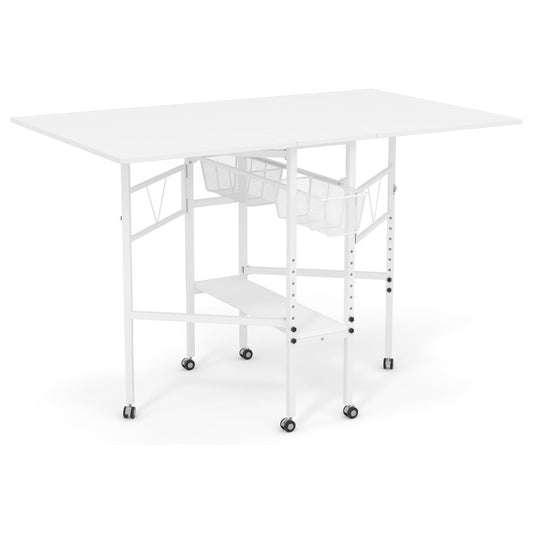 Sew Ready Folding Sewing Craft Table with Storage, Adjustable Height Cutting Desk with Drawers and Wheels for Quilting, Fabric, and Hobby Room, White