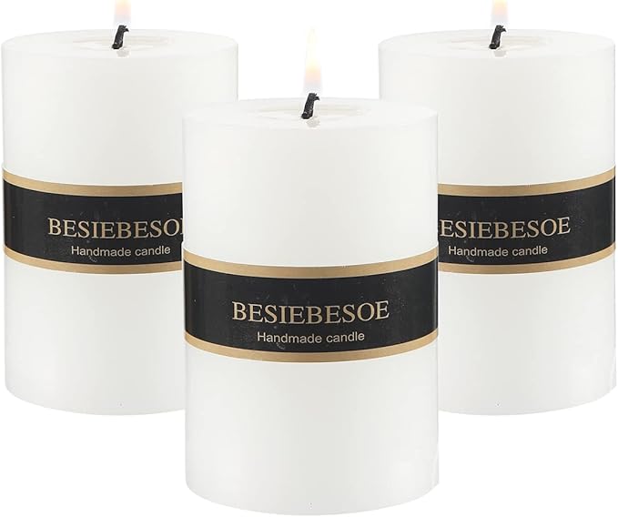 3×4 White Pillar Candles Set of 3 Unscented Handpoured Weddings, Home Decoration, Restaurants, Spa, Church Smokeless Cotton Wick