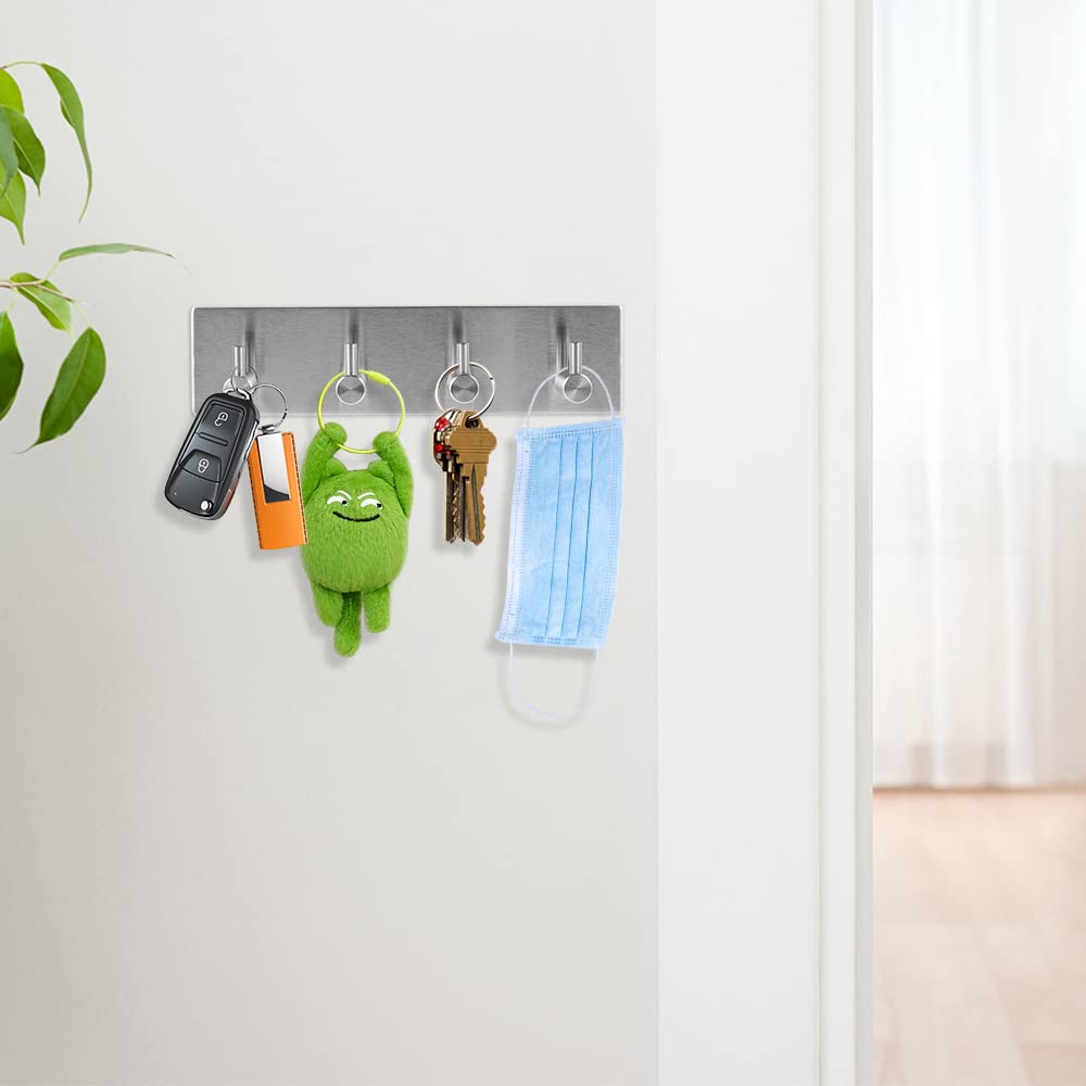 Picowe Key Holder for Wall Decorative, Adhesive Stainless Steel Key Hooks, Key Hanger Key Organizer for Wall, Towel Hook Coat Hanger for Entryway Hallway Kitchen(Four Rows,Sliver 1PCS)