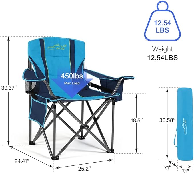 FAIR WIND Oversized Fully Padded Camping Chair with Lumbar Support, Heavy Duty Cooler Bag Fold Chair Support 450 LBS, Green