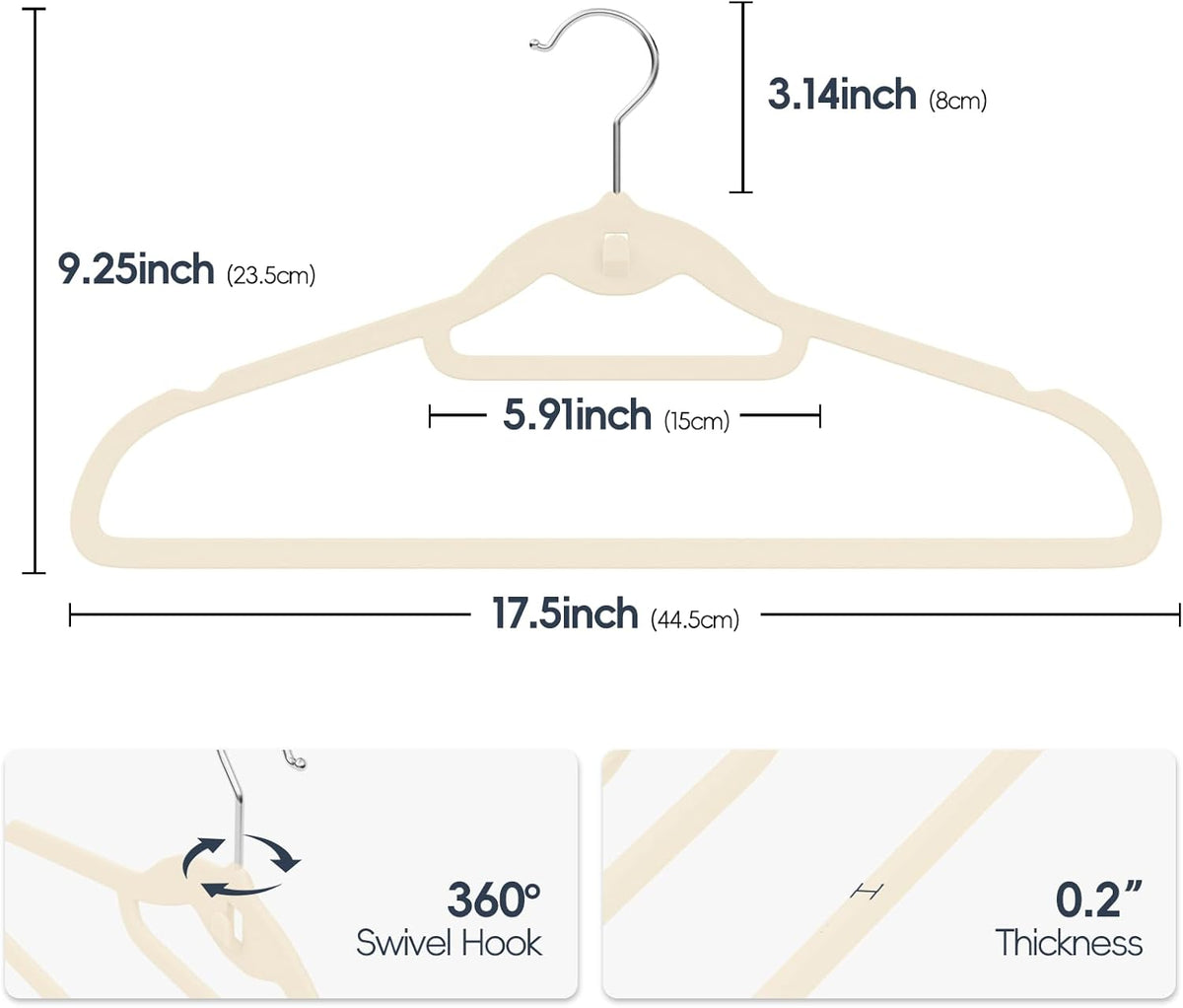Velvet Hangers 50 Pack - Non-Slip Stackable Clothes Hangers with 360° Swivel Hooks | Ultra Thin Ivory Design