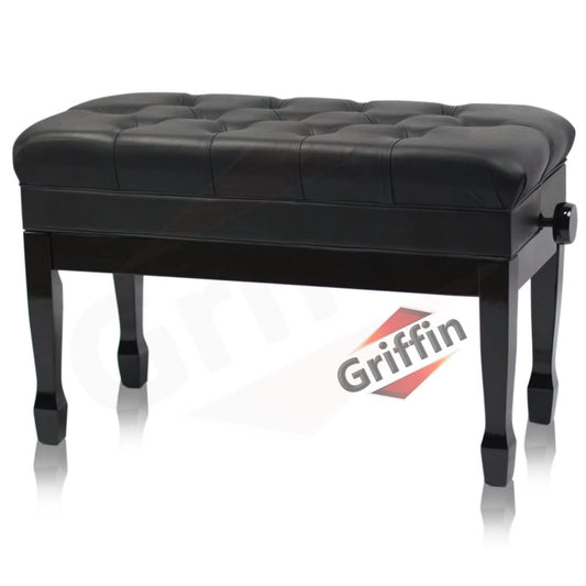 Griffin Piano Bench (Genuine Leather Plus Series) – Oversize Duet Keyboard Stool with Black Wood Frame, 2-Person Seat, Storage for Music Books & Vanity Use