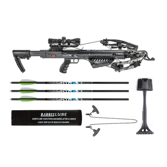 Killer Instinct Burner 415 FPS Crossbow Package (Gray Camo) with Crossbows Slayer Crossbow Case, 20-Inch Crossbow Bolts (6-Pack) and 100-Grain Hunting Broadheads (3-Pack) Bundle (4 Items)