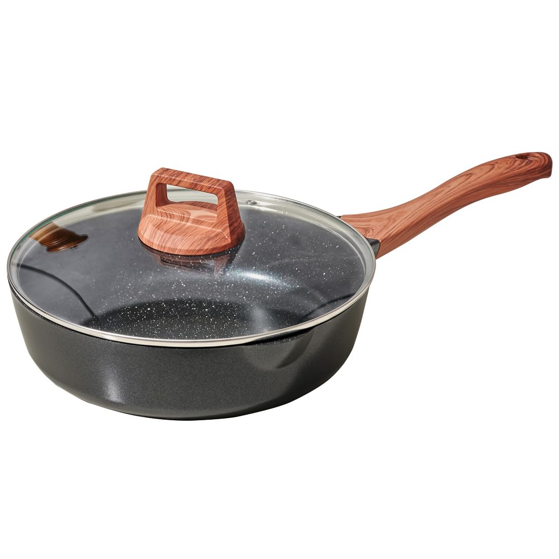 SC Cooker Frying Pans Nonstick With Lid, 11 Inches Granite Nonstick Frying Pan With Pour Spout, Last Longer Omelette Pan, Skillet With Lid, Non Toxic,Pb,Cd PFOA Free (Black, 11 inches)