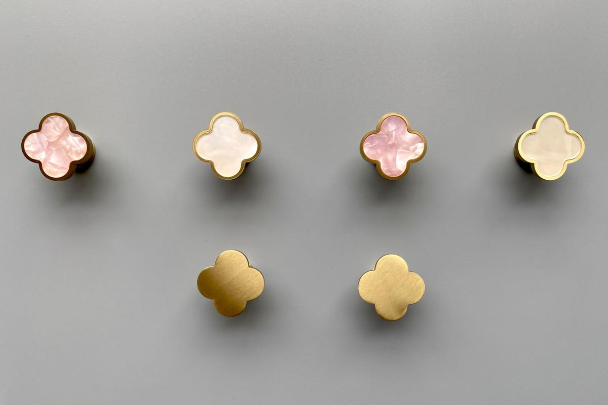 WIN CHAMP Solid Brass Decorative Wall Hooks, Coat Backpack Purse Screw-in Hangers, Wall Mounted Fancy Champagne Gold Hooks (Blossom Pink 4 Pack)